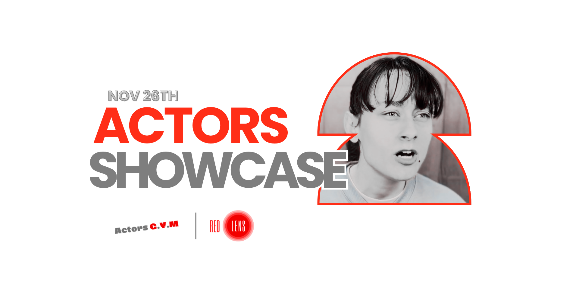 Promotional poster for 'Actors Showcase' event with a stylized portrait of a person.